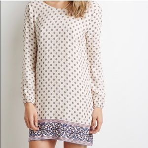 Forever 21 Cream Long Sleeve Shift Dress with Blue Print